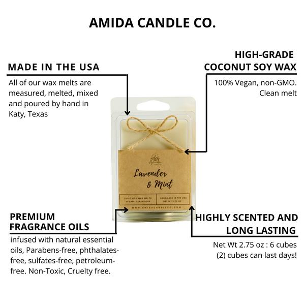 amida candle co., amida candle, soy wax melt, soy wax melts, wax melt, wax melts, strong wax melts, highly scented wax melts, long lasting wax melts, wax melt bar, relaxing fragrances, relaxing essential oil, home fragrances, soy candle, candles, gift for mom, gift for girl, gift for grandma